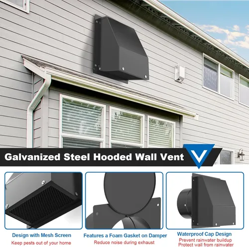 Vista 3 de Rejilla de ventilación de pared de 6 pulgadas con pantalla y amortiguador, kit de cubierta de ventilación con capucha de acero galvanizado, tapa
