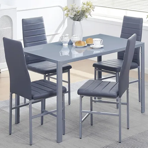 Vista 15 de Juego de mesa de comedor de cristal de 5 piezas con sillas, juego de mesa de comedor moderno para 4, juego de mesa y sillas de cocina de cristal
