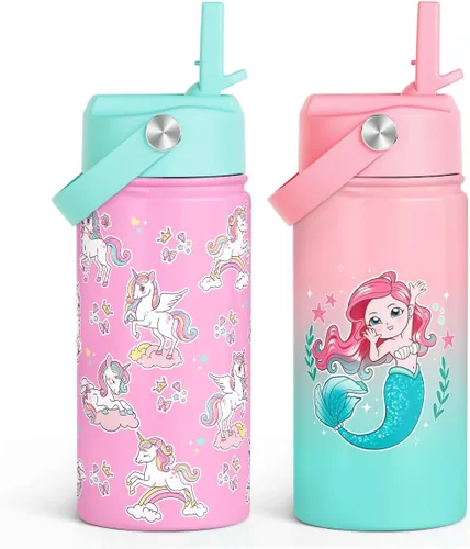 Vista 15 de Botella de agua de sirena para niñas, botella de agua para niños con tapa con popote, botellas de agua aisladas de acero inoxidable de 12 onzas