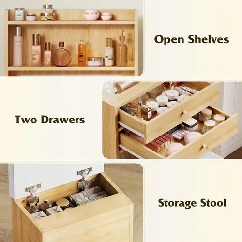 Vista 5 de WLIVE Escritorio pequeño con espejo y luces, tocador con 2 cajones, panel plegable y silla, juego de tocador de maquillaje con estación de carga