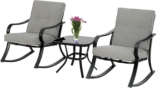 Vista 8 de Mecedoras para exteriores de 3 piezas, juego de muebles de bistró para patio, 2 sillas mecedoras de acero negro con cojín y mesa de centro de Marrón