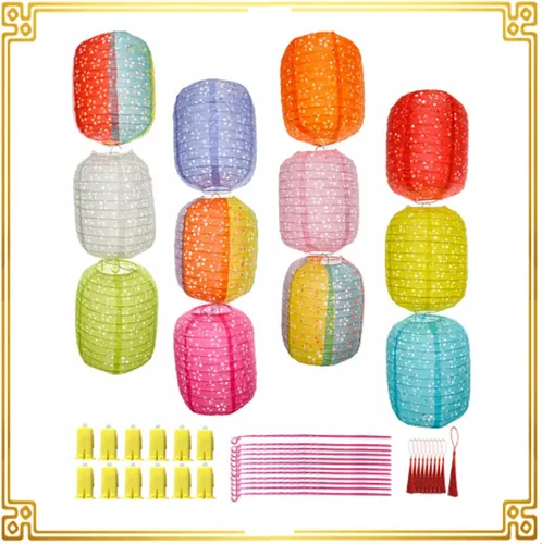 Vista 2 de 12 linternas de papel chinas, japonesas con luces LED, barra de borla, 8 pulgadas, ovaladas, decorativas, para decoración de Año Nuevo, decoración