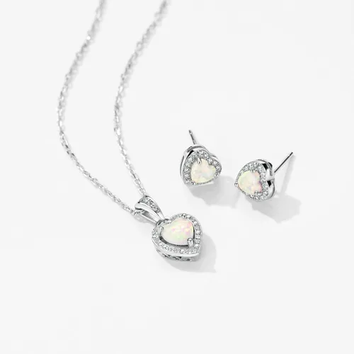 Vista 3 de Mints Juego de joyas de ópalo, collar con dije de corazón de plata de ley, aretes de tuerca con piedra natal de octubre para mujer, Ópalo sintético