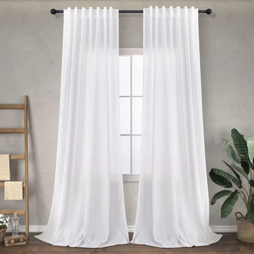 Vista 24 de Cortinas de lino crema de 102 pulgadas de largo para sala de estar, dormitorio, 2 paneles con bolsillo con pestaña trasera, filtro de luz, cortina