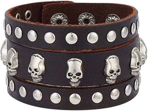 GORGECRAFT Pulsera punk de calavera con remache, de piel de vaca, unisex, estilo gótico, de estilo rocoso, de piel auténtica, pulsera ancha con
