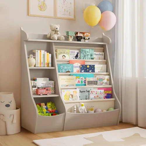 FKWin Montessori - Estantería y organizador de almacenamiento de juguetes, estante de libros infantiles de 5 niveles para habitaciones de niños, Gris
