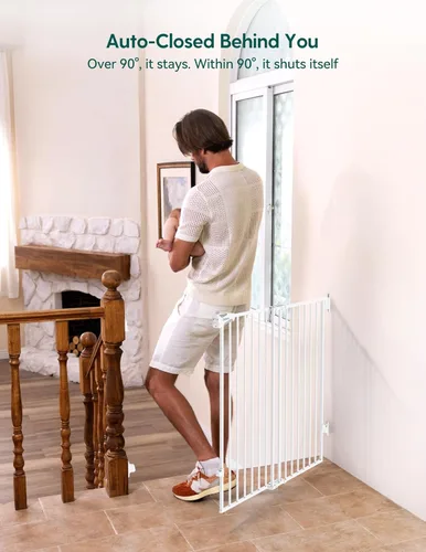 Vista 6 de Babelio Puerta de seguridad para bebés para escaleras, cocina y puertas, sin barra inferior, fácil instalación, operación con una sola mano, cierre