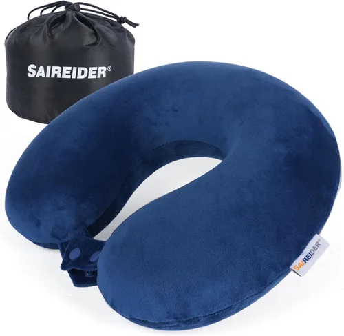 Vista 16 de SAIREIDER Almohadas de cuello para viaje, 100% espuma viscoelástica, almohadas de viaje ajustables con bolsa de almacenamiento, máscara de dormir