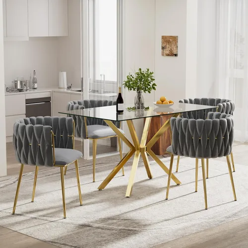 Vista 21 de Juego de comedor moderno de vidrio de lujo de 5 piezas, juego de comedor rectangular minimalista para 4, juego de mesa de cocina de vidrio