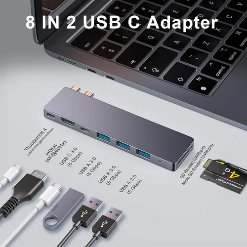 Vista 2 de Hub USB C, adaptador USB 8 en 2 para MacBook Pro Air, Thunderbolt 4 Dock 100W PD, 40Gbps, 4K HDMI, USB C 3.0, 3 USB A 3.0, lector de tarjetas SD/TF
