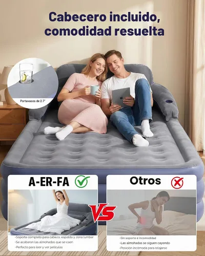 Vista 3 de A-ER-FA - Colchón de aire individual integrado de 20 pulgadas, colchón inflable elevado cómodo con cabecera y portavasos, cama de aire de inflado