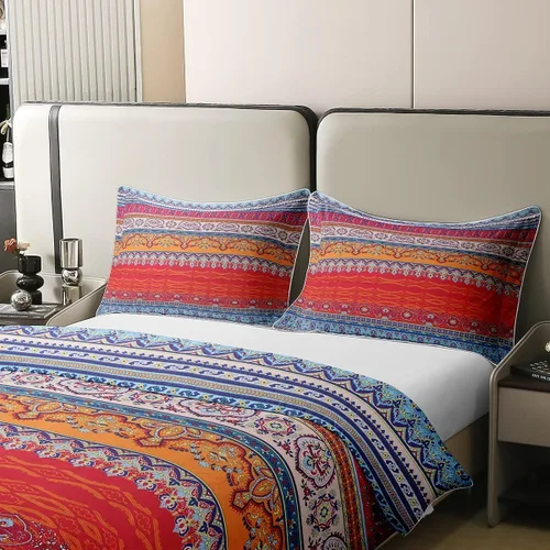 Vista 4 de Juego de funda de edredón bohemia 100% algodón, tamaño matrimonial, colorido floral, bohemio, a rayas, juego de ropa de cama ultra suave