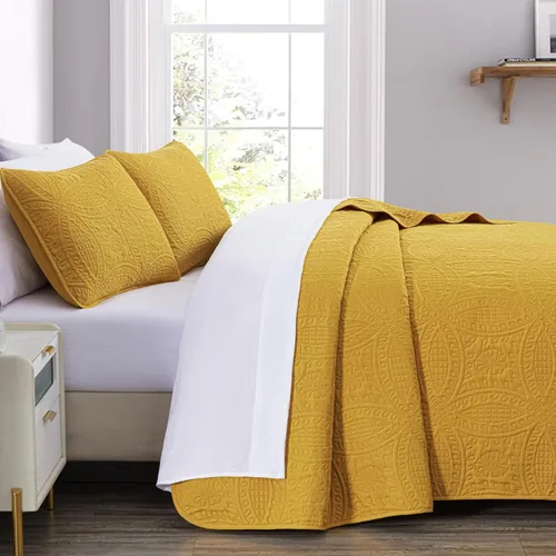 Vista 3 de Chezmoi Collection Austin Juego de colcha de cama Queen de 3 piezas con edredón acolchado Pinsonic de gran tamaño, Queen, Mostaza De gran