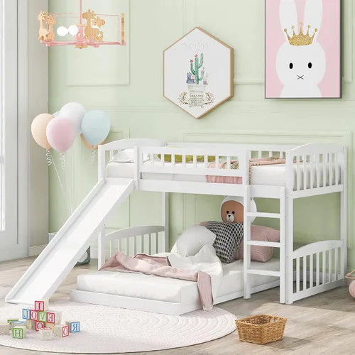 Vista 18 de Harper & Bright Designs Cama baja de tamaño individual con tobogán y escalera, cama alta junior para niños, cama alta de madera individual