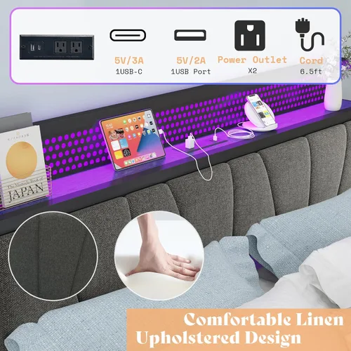 Vista 5 de AMERLIFE Marco de cama elevable de tamaño matrimonial con tapizado de lino, luz LED y cabecera de almacenamiento, base de cama de plataforma