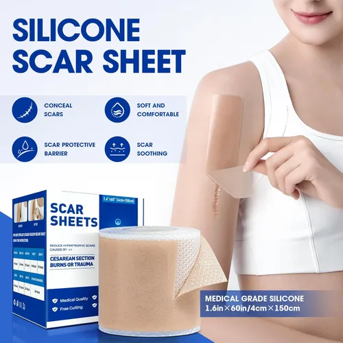 Vista 2 de Hojas de silicona para cicatrices, cinta de silicona de grado médico (rollo de 1.6 x 60 pulgadas - 4.9 ft), cinta para cicatrices quirúrgicas