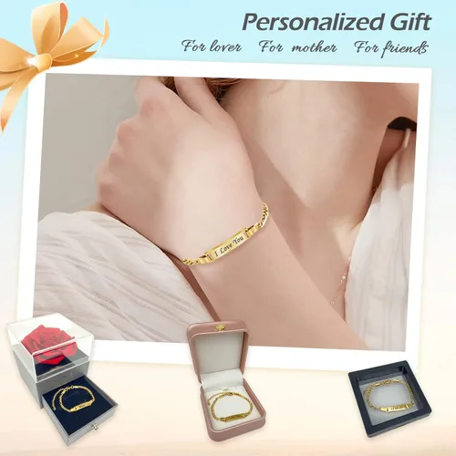 Vista 7 de JUBOPE Pulseras de identificación personalizadas, chapado en oro de 18 quilates con grabado de piedra natal, regalo personalizado de cumpleaños