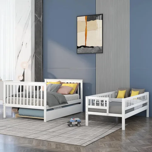 Vista 43 de Harper & Bright Designs Litera de tamaño matrimonial sobre matrimonial con 3 cajones, litera de madera maciza con almacenamiento y riel