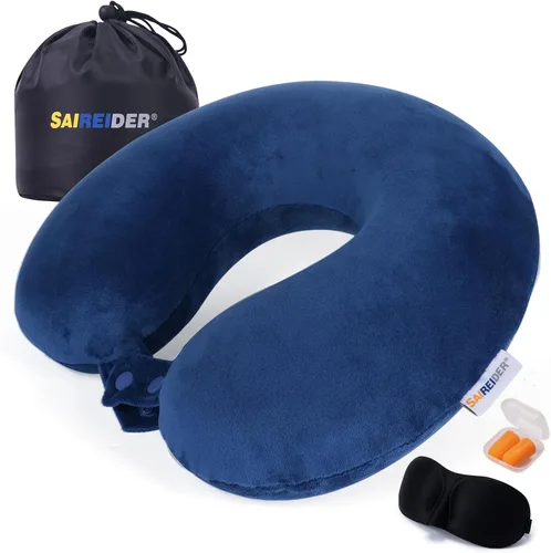 Vista 9 de SAIREIDER Almohadas de cuello para viaje, 100% espuma viscoelástica, almohadas de viaje ajustables con bolsa de almacenamiento, máscara de dormir
