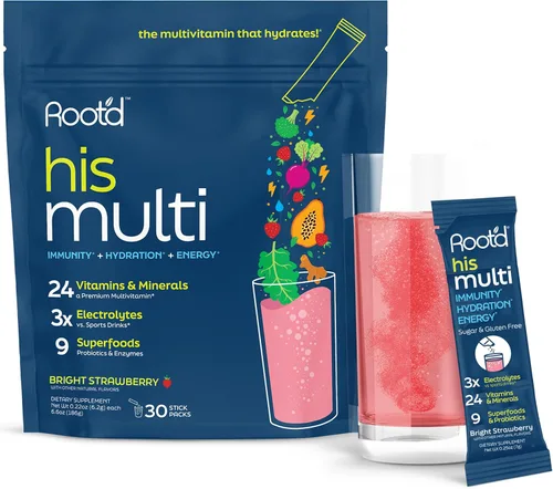 Vista 11 de Root'd Multivitamínico en polvo para hombres – 24 vitaminas y minerales con 3 electrolitos, 9 superalimentos orgánicos, probióticos y enzimas