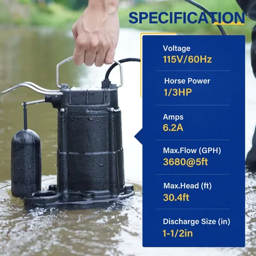 Vista 3 de Acquaer Bomba sumergible de aguas residuales/efluentes de 1/3 HP, bomba de sumidero de hierro fundido de 3680 GPH con interruptor de flotador