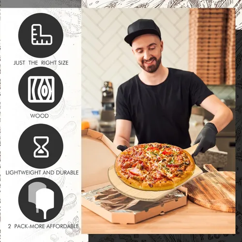 Vista 4 de Bokon Paquete de 2 palas de madera para pizza, 14 x 12 pulgadas, juego de paletas de pizza grandes con mango de madera de 4 pulgadas para horno