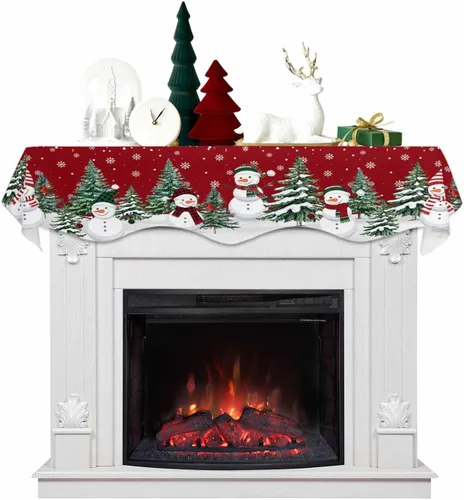 Vista 14 de Mantel con diseño de copo de nieve azul para chimenea de Navidad, bufanda para repisa, estola para estantes, renos, alces, nieve, bosque, cubierta