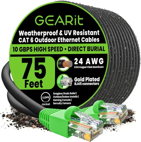 Vista 26 de GEARit - Cable Ethernet RJ45 Cat6 de exterior, velocidad transferencia 10 Gpbs, conector chapado en oro, recubierto de cobre, resiste rayos UV, Negro