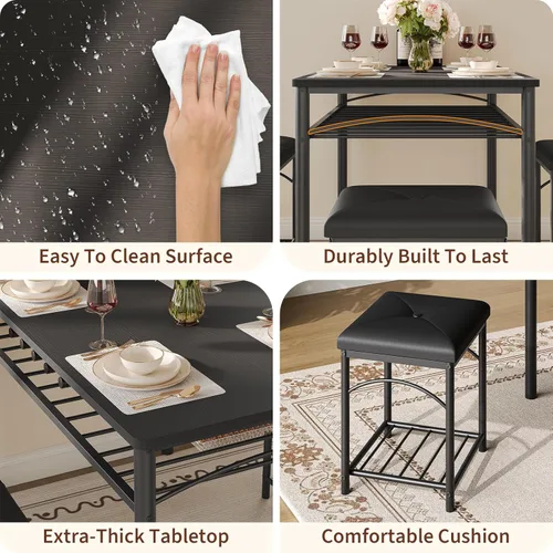 Vista 3 de GarveeHome Juego de mesa de comedor para 4 personas con bancos tapizados y 2 taburetes, moderna mesa de desayuno de cocina que ahorra espacio, ideal