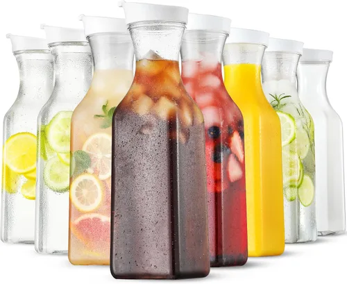 Vista 9 de NETANY Jarra de agua de plástico de 50 onzas con tapa abatible, juego de 2 recipientes de jugo de base cuadrada, jarra de plástico transparente