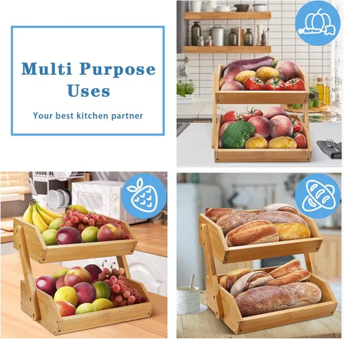 Vista 7 de Cesta de frutas de 2 niveles para cocina, soporte de bambú para almacenamiento de frutas y verduras para encimera de cocina, cesta de productos