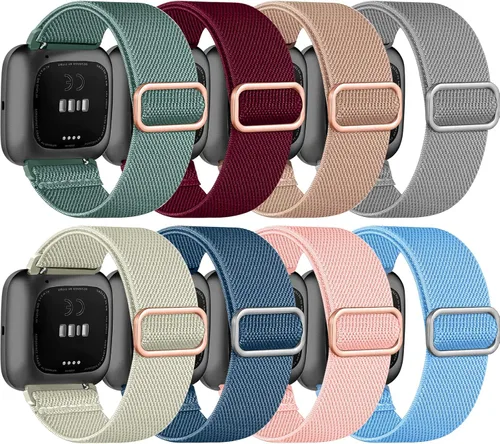 Vista 19 de Paquete de 8 bandas elásticas compatibles con Fitbit Versa 2/Lite/SE para mujeres y hombres, correa trenzada de nailon elástico ajustable Solo Loop
