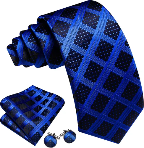 Vista 47 de Barry.Wang Juego de corbatas a cuadros para hombre con pañuelo gemelos de rayas clásicas