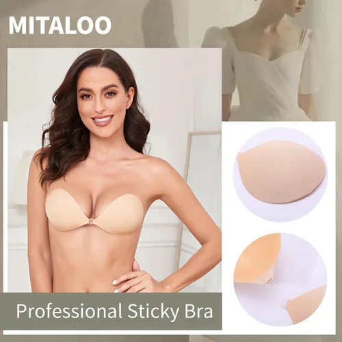 Vista 3 de MITALOO - Brasier adhesivo invisible, sin tirantes, push up, reutilizable, de silicona, cubre pezones, sin espalda
