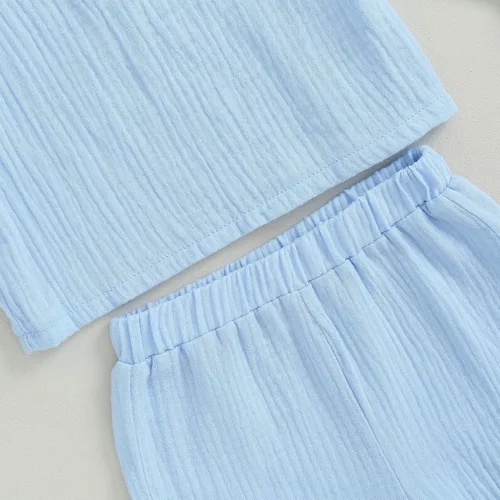 Vista 5 de Emmababy Baby Boy Clothes Cotton Linen Outfit Long Sleeve Button Down Shirt Solid Color Tops Toddler Shirt and Pants Set