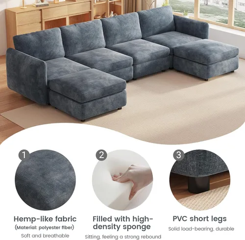 Vista 115 de Guyii Sofá modular de terciopelo, moderno sofá de 4 plazas de gran tamaño con 3 almohadas y reposapiés de almacenamiento, sofá convertible de 115.74