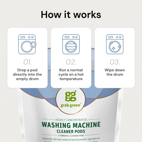 Vista 3 de Grab Green Cápsulas limpiadoras para lavadora, sin fragancia, 5 cápsulas de limpieza