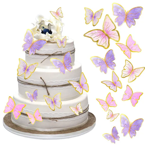 Vista 12 de 60 decoraciones de mariposa para cupcakes, oro rosa, mariposas 3D animadas con 2 decoraciones de feliz cumpleaños para decoración de pasteles