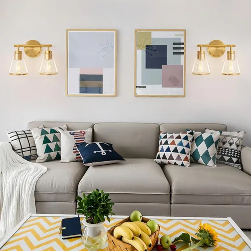 Vista 6 de Lámparas modernas de tocador de baño de 14 pulgadas con 2 luces de oro cepillado sobre espejo Dorado