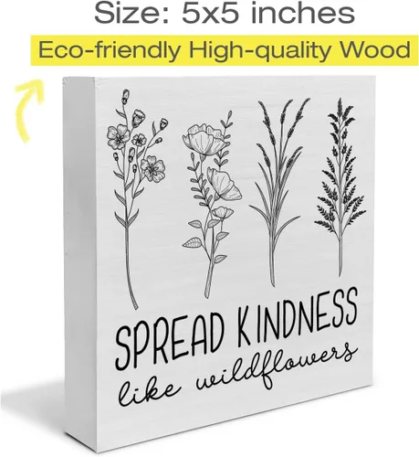 Vista 2 de Cartel de madera Spread Kindness Like Wildflowers, caja de madera con flores de granja, letrero de bloques de escritorio, letreros rústicos