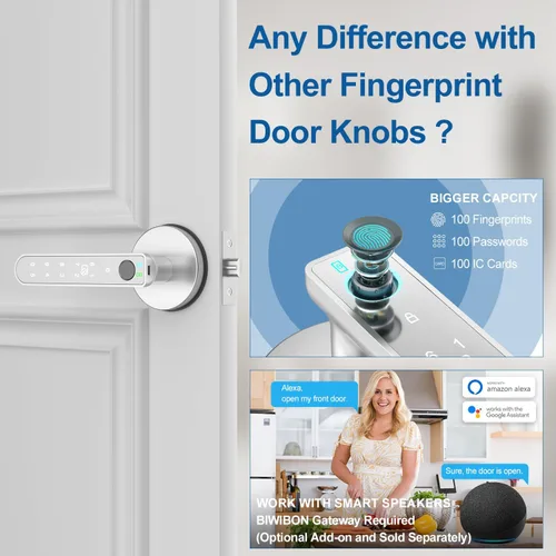 Vista 4 de Cerradura de puerta de huellas dactilares, perilla de puerta inteligente 5 en 1 con aplicación inteligente, huella dactilar, tarjetas