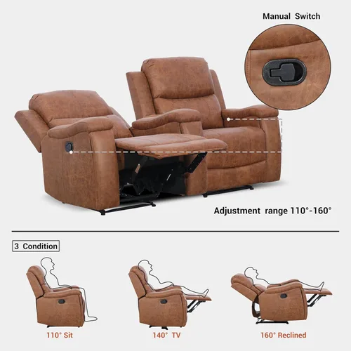Vista 4 de EBELLO Silla reclinable manual de dos plazas, sofá reclinable tapizado de piel sintética, muebles reclinables modernos, asiento de cine en casa