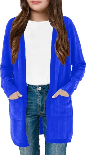 Cárdigan para niñas con bolsillos, frente abierto, rayas, bloque de color, suéter de punto suave