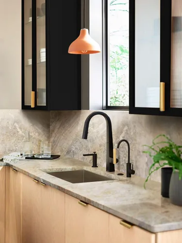 Vista 10 de Moen Nio S75005BL - Grifo de cocina desplegable de un solo mango negro mate con limpieza eléctrica, mango de acento incluido para personalizar