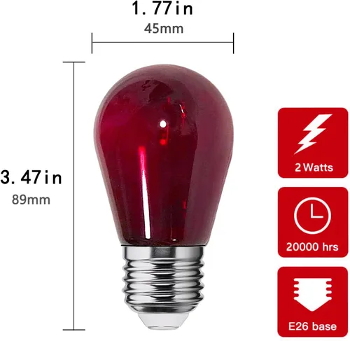 Vista 2 de Bombillas LED S14 de repuesto de 2 W, color rojo, inastillables, impermeables, decorativas, E26, filamento rojo E26, bombillas Edison