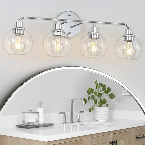 Vista 12 de Lámparas de baño doradas para tocador, 3 luces, apliques de pared, luces de latón cepillado con pantallas de vidrio globo transparente, lámpara