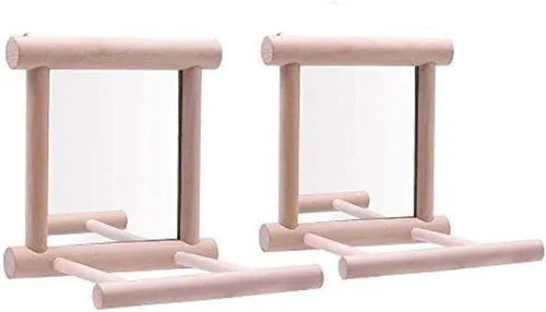 Vista 6 de Litewoo Espejo de pájaro colgante de madera, juguetes interactivos de juego para loros pequeños, guacamayos, periquitos grises africanos, cacatúas