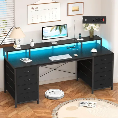 Vista 18 de Escritorio para computadora de 50 pulgadas con 8 cajones, escritorio para oficina en casa con tomas de corriente, escritorio de trabajo, estudio