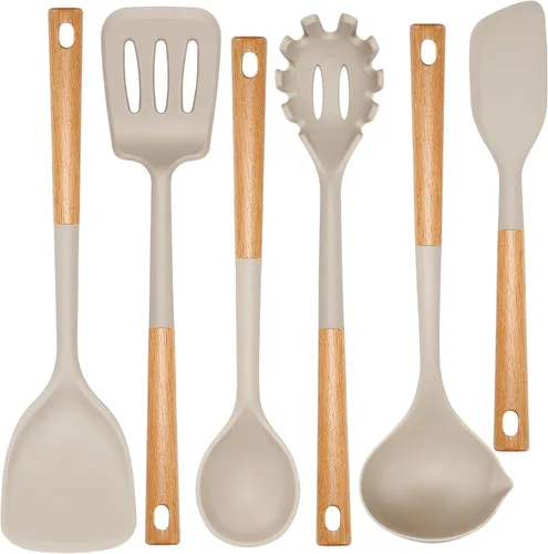 Vista 8 de NCUE Juego de utensilios de cocina, juego de 6 utensilios de cocina de silicona antiadherentes, mango de madera, resistente al calor, espátula