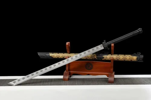 Vista 3 de Espada china, sable táctico, Tang DAO (cuchillas de grabado de acero de alto carbono forjadas, accesorios de aleación, vaina)